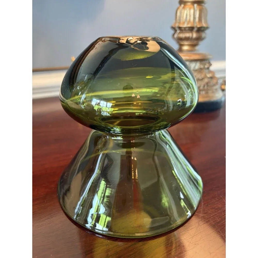 Vintage Mid-Century Modern Hand Blown Glass Vase Dark Green Flared Rim